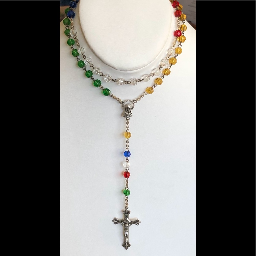 Italy New Old Stock Guardian Angel Multi Color Rainbow INRI Rosary